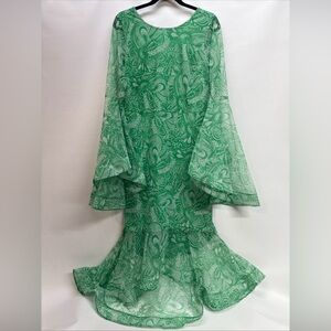 Ashro Midi‎ High Low Dress Sz M Green Bell Slv Formal Wedding Church Party Xmas
